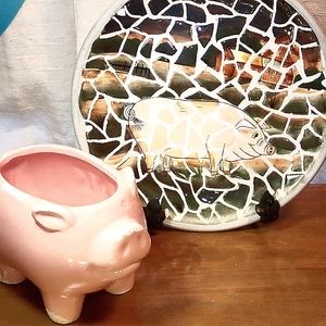 Ceramic Piggie Planter & Mosaic Plate